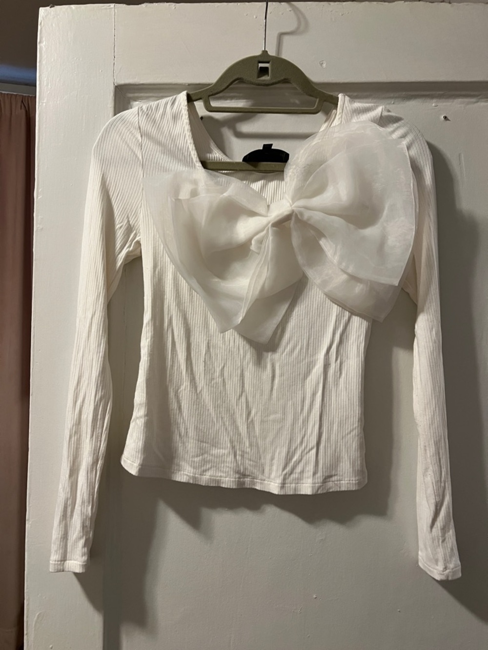 Sunday in Brooklyn Ivory Ribbed Long-Sleeve Top with Sheer Bow